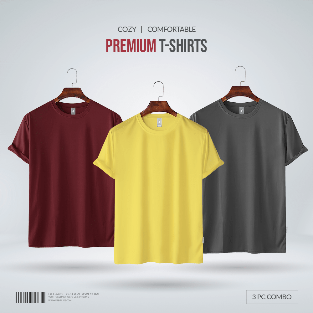 Fabrilife Men's Premium 100% Cotton Blank T-Shirt - Red Wine, Yellow, Charcoal